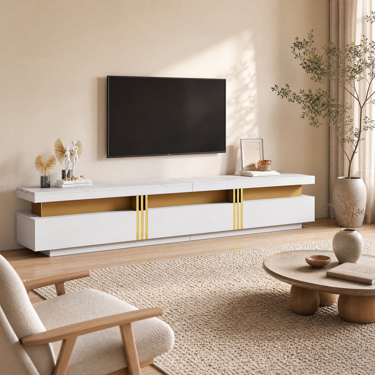 MEUNIQ TV-meubelset met salontafel - 200 x 40 x 42 cm - 3 lades, wit hoogglans met marmerlook en gouden metalen details - woonkamer