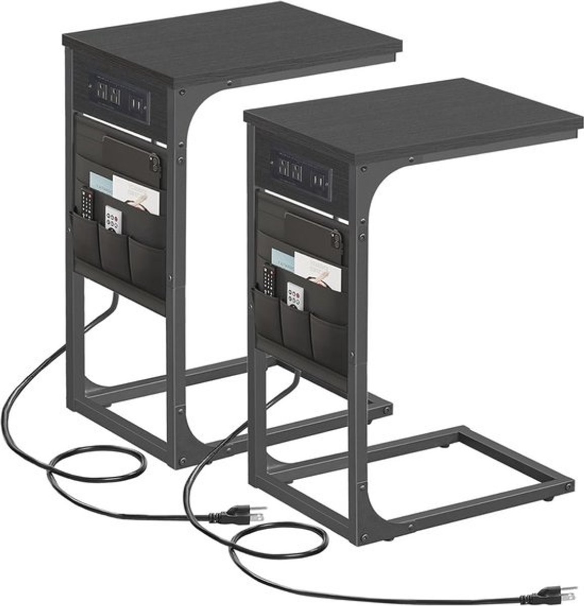 C-vormige bijzettafel met laadstation - 2 USB-poorten en stopcontacten, set van 2