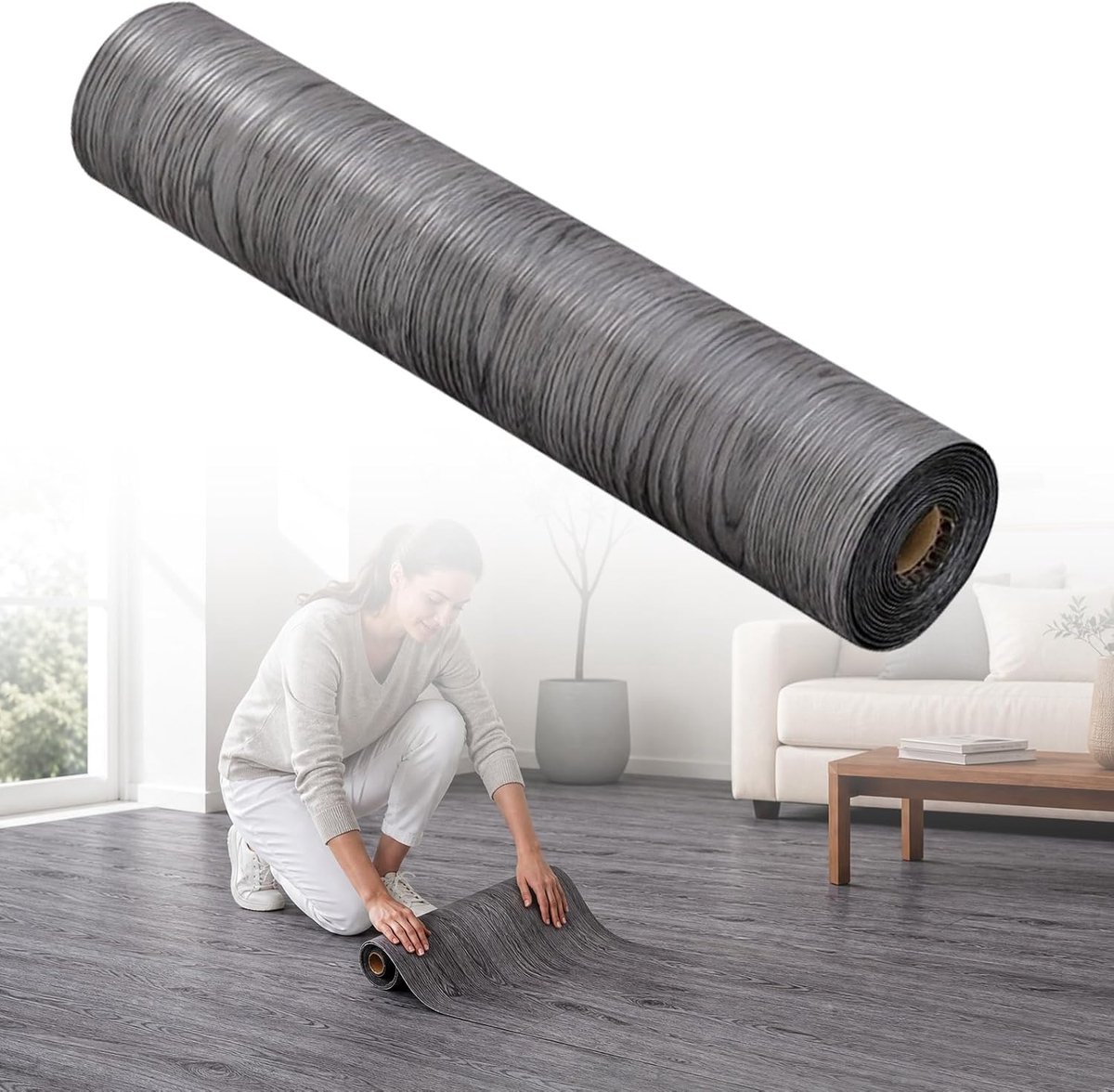 Vinylvloer, zelfklevend, houtlook, pvc-vloerbedekking, zelfklevend, 40 x 300 cm, waterdichte vloersticker voor keuken, badkamer, woonkamer, antislip en slijtvast, donkergrijs