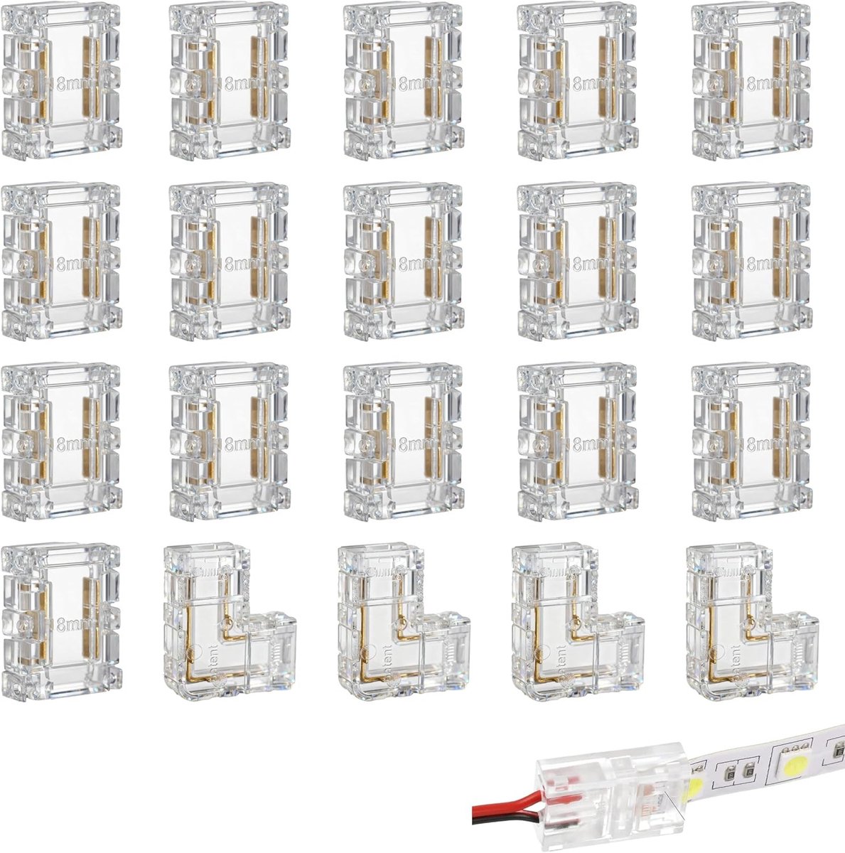 COB LED connectoren set met 20 stuks, 2-pin, 8 mm, voor naadloze LED strip verbindingen, ideaal voor 12V/24V verlichting, inclusief hoeken en rechte aansluitingen
