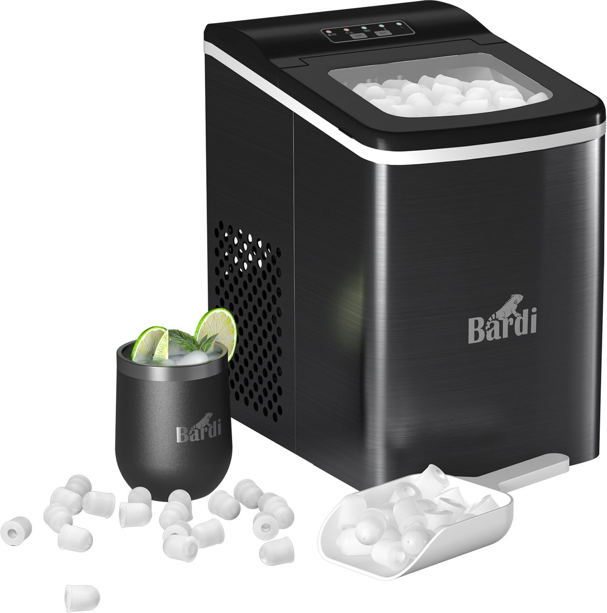 Bardi 2.0L Deluxe IJsblokjesmachine – IJsblokmaker Inclusief Luxe Thermosbeker en IJsschep – 9 Blokjes in 8 Minuten – GUNMETAL RVS