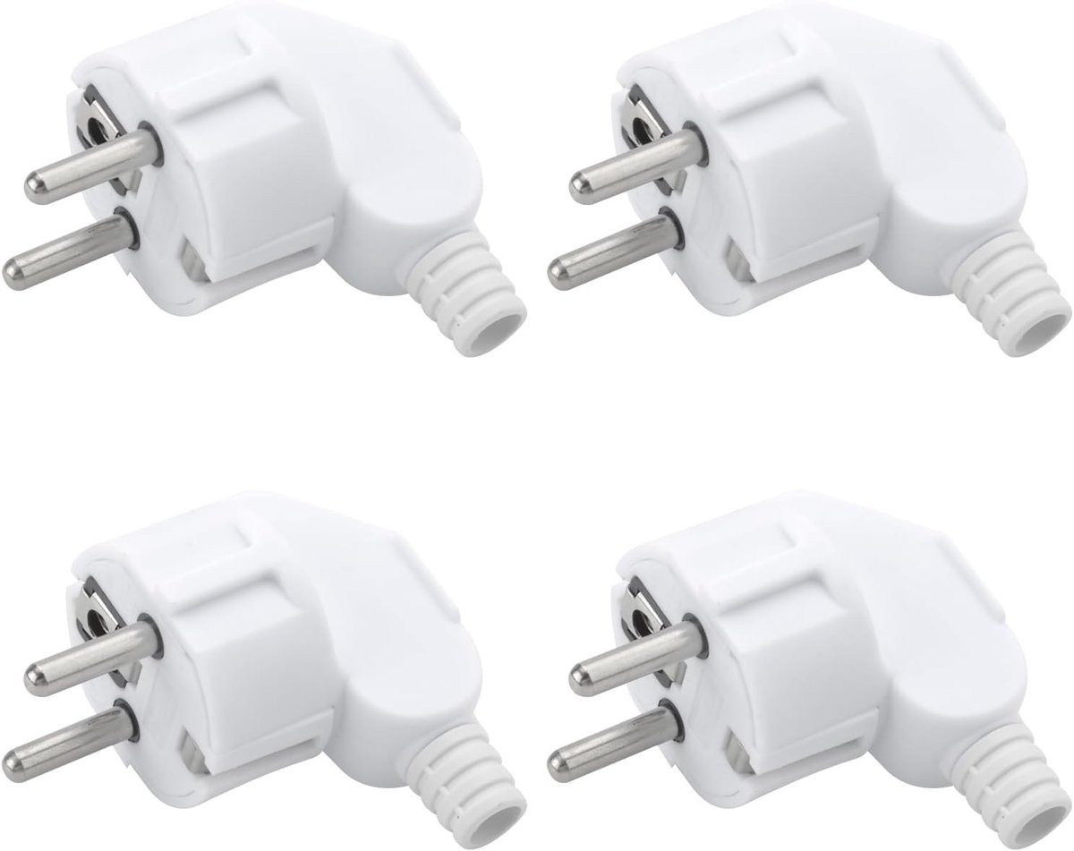 Set van 4 Hoekige Schuko Stekkers 230V met Trekontlasting, Waterdicht IP44 voor Buitengebruik, 16A 250V