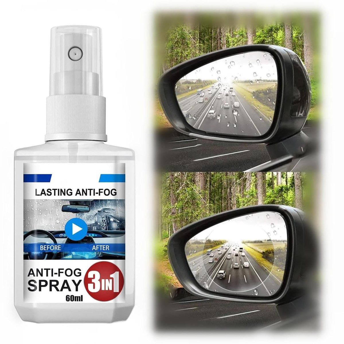 Anti Fog Spray voor Autoruiten, 3-in-1 Oplossing tegen Mist en Regen, Waterafstotende Spray voor Ruiten en Spiegels, 60ml