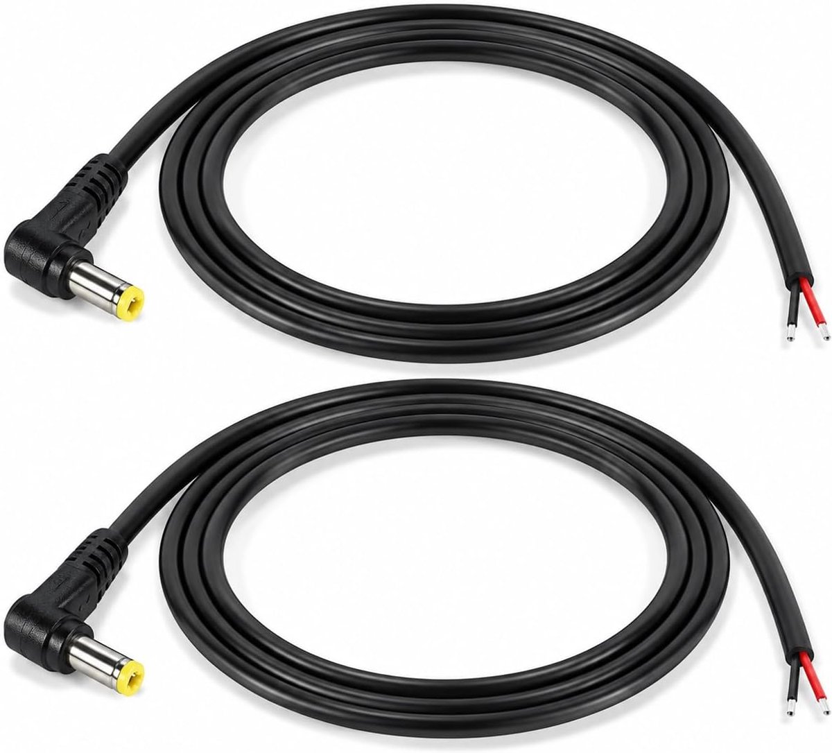 2 x voedingskabel DC 5,5 x 2,1 mm mannelijk naar kale draad, verlengkabel 1 m in rechte hoek 90°, reparatiekabel DC-stekker met open uiteinde voor LED, CCTV, monitoren, DVR, 12 V apparaten