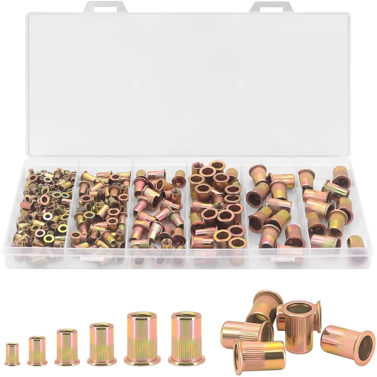 Klinkmoeren, assortiment klinkmoeren, M3, M4, M5, M6, M8, M10, blindklinkmoeren, assortiment, verzinkt koolstofstaal, klinkmoer, schroefdraadhulzen