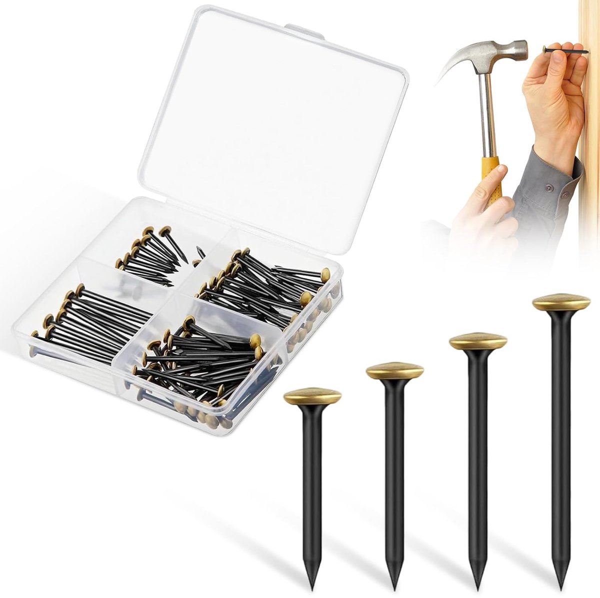 120 stuks spijkers met opbergdoos, 4 dozen, 20/25/30/40 mm, nagelset voor muren, roestvrij staal, goudkleurige koppen voor lijsten, spijkers zonder boren, voor beton, baksteen, hout