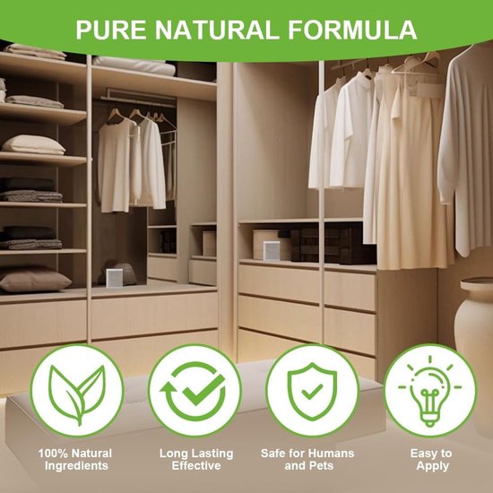 Een opgeruimde, moderne kledingkast met kleding en planken. Vier pictogrammen op de voorgrond: een blaadje, een vinkje, een schild en een gloeilamp. Tekst: 'PURE NATURAL FORMULA', '100% Natural Ingredients', 'Long Lasting Effective', 'Safe for Humans and Pets', 'Easy to Apply'.