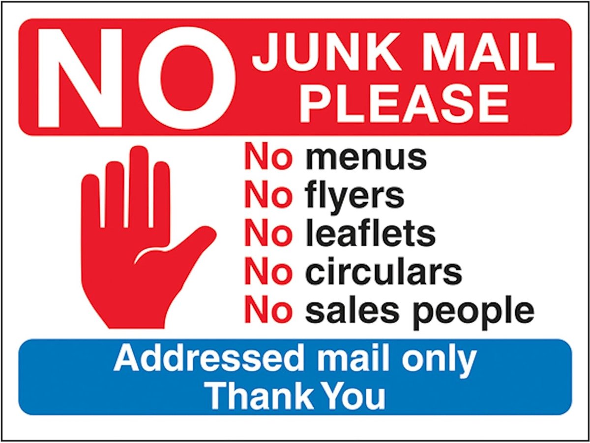Safety Stop Hand Symbool: Geen Junk Mail Alstublieft, Geen Menu's... 150 x 100 mm - 3mm Aluminium Samengesteld Veiligheidsbord