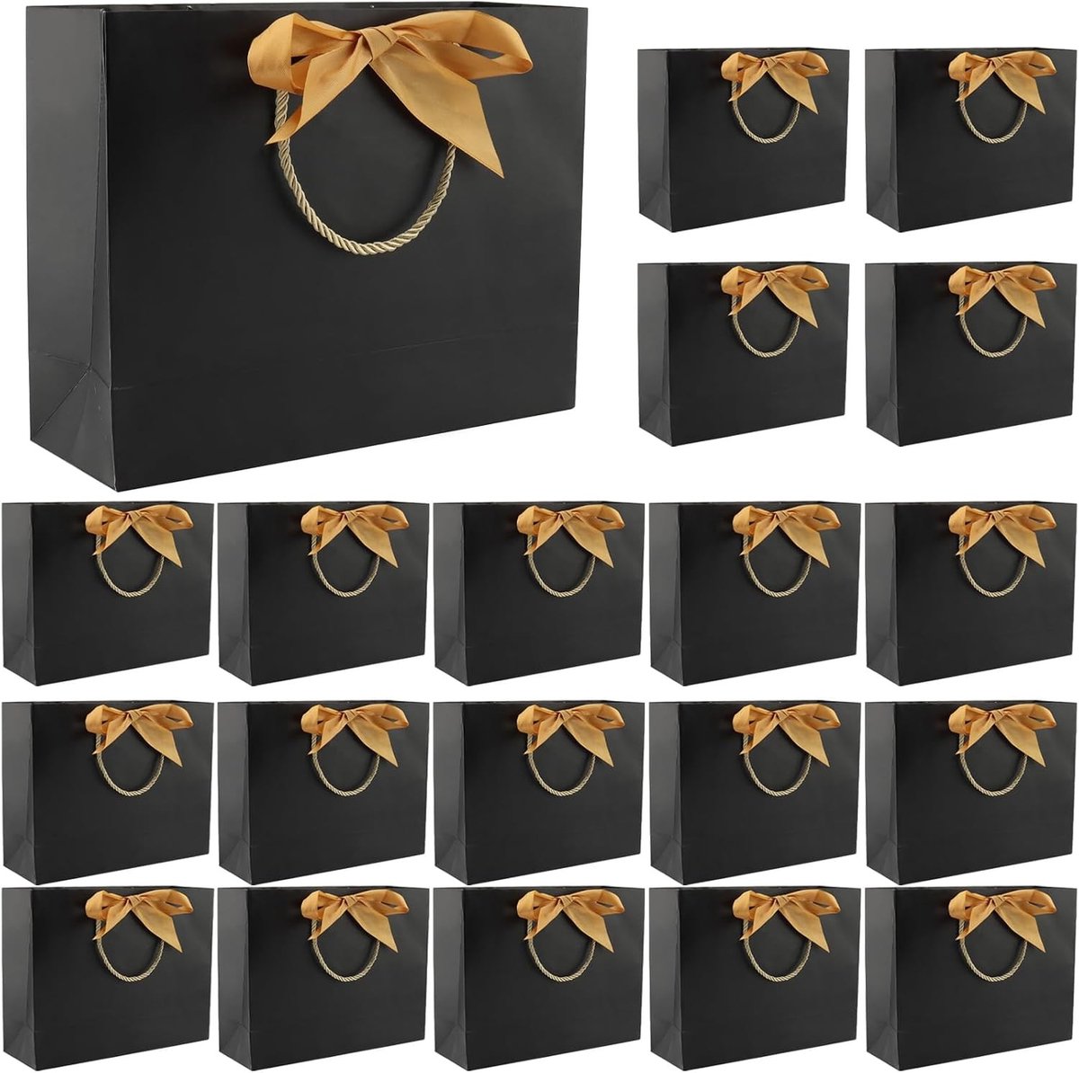 20 stuks zwarte papieren geschenkzakken met gouden striklint, feestzakken met handgrepen voor verjaardag, Kerstmis en bruiloften, 32 x 25 x 11 cm, ideaal voor cadeauverpakking en decoratie