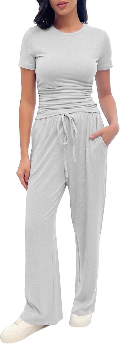 Set voor dames, 2-delig, zacht, rekbaar, top met korte mouwen, broek met trekkoord en zakken, voor thuis of op reis