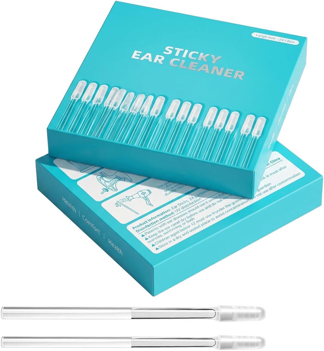 Ear Cleaning Sticks 48 stuks oorreinigingsset, kleverige wattenstaafjes voor oorsmeerverwijderaar, 2 dozen zachte oorreiniging voor volwassenen en kinderen, veilige oorsticks, 2 x 24