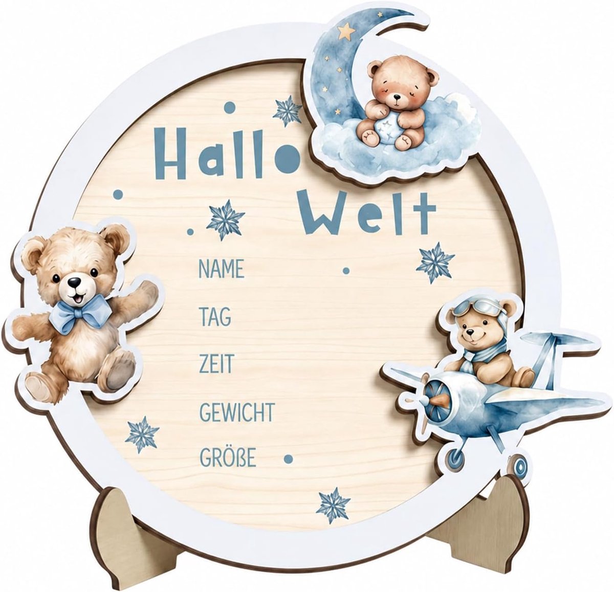 Mijlpaalkaarten baby hout, blauw berenbord 17 × 15,5 cm
