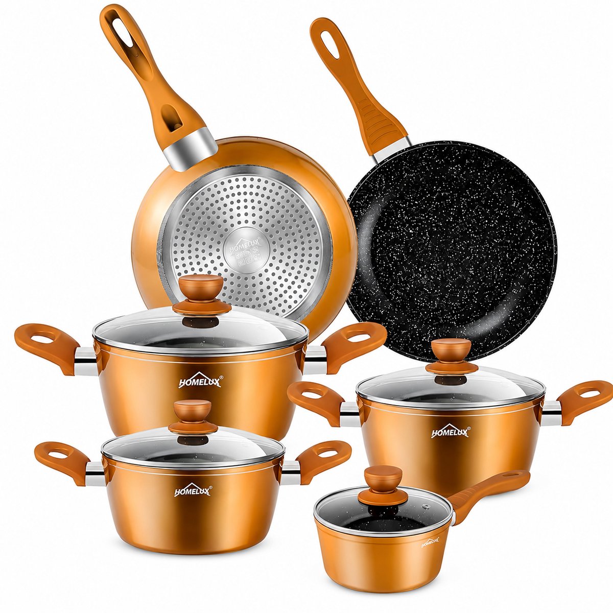 HOMELUX 10-delige kookset, geschikt voor inductie, gegoten aluminium, pannen en potten met antiaanbaklaag en deksels, PFOA-vrij, geschikt voor alle inductiekookplaten,