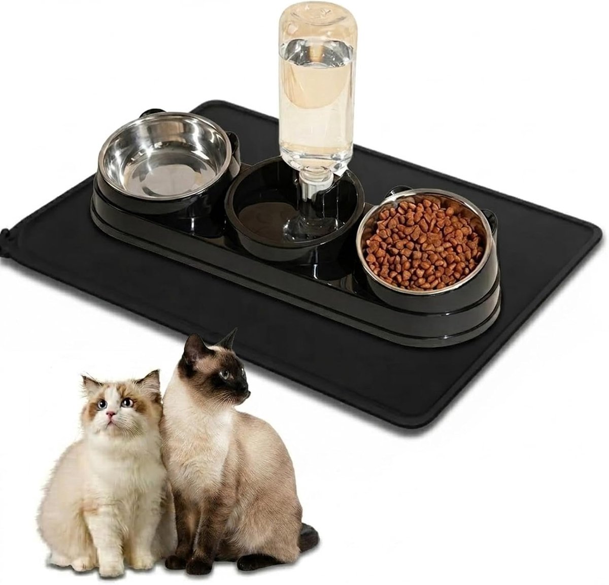3-in-1 kattenbak verhoogd met bakonderlegger, siliconen, 15° gekanteld, roestvrij staal, voederbak kat met waterdispenser, kattenbak voor katten en kleine honden (zwart-1)