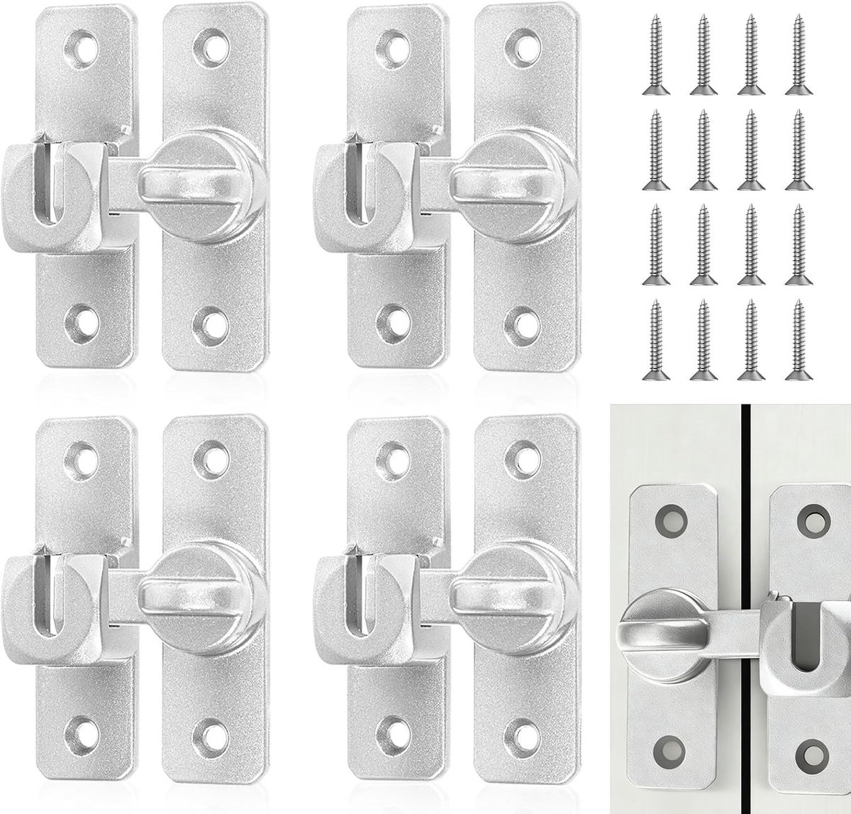 4-delige schuifdeurslot set met 90/180 graden handgrepen en 16 schroeven voor binnen- en buitendeuren, ideaal voor badkamer, toilet en tuinpoort