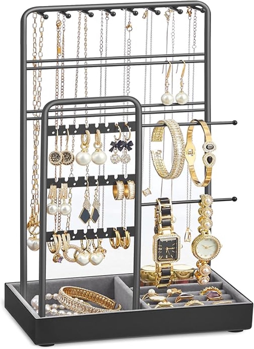 Sieradenstandaard met Fluwelen Lade - Zwart Metalen Sieradenhouder voor Kettingen, Armbanden, Oorbellen en Ringen - 2 Verdiepingen