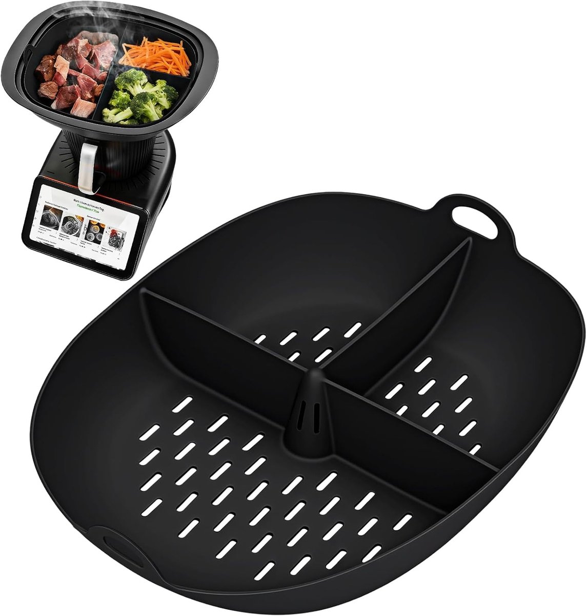 1 stuks stoompanvorm, siliconen vorm, gaarverdeler, stoompan, inzetstuk en stoommanddelaar, compatibel met Thermomix TM7 voor groenten, vis en vlees, zwart
