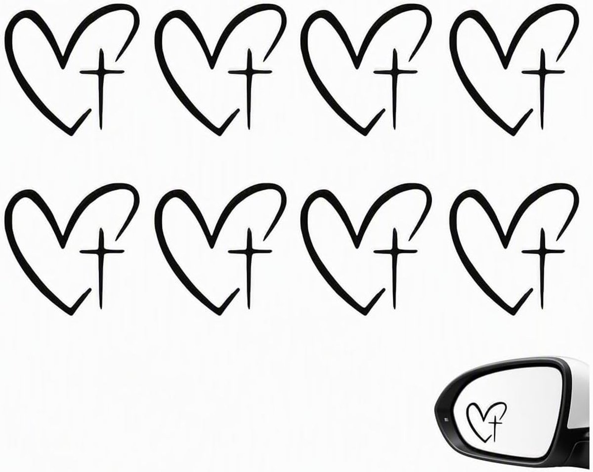 8 stuks autostickers, achteruitkijkspiegel, hart, kruis, vinyl, waterdicht, decoratie voor auto, buiten, 3 x 3,04 cm, eenvoudig aan te brengen, zonder sporen voor auto, motorfiets, zwart