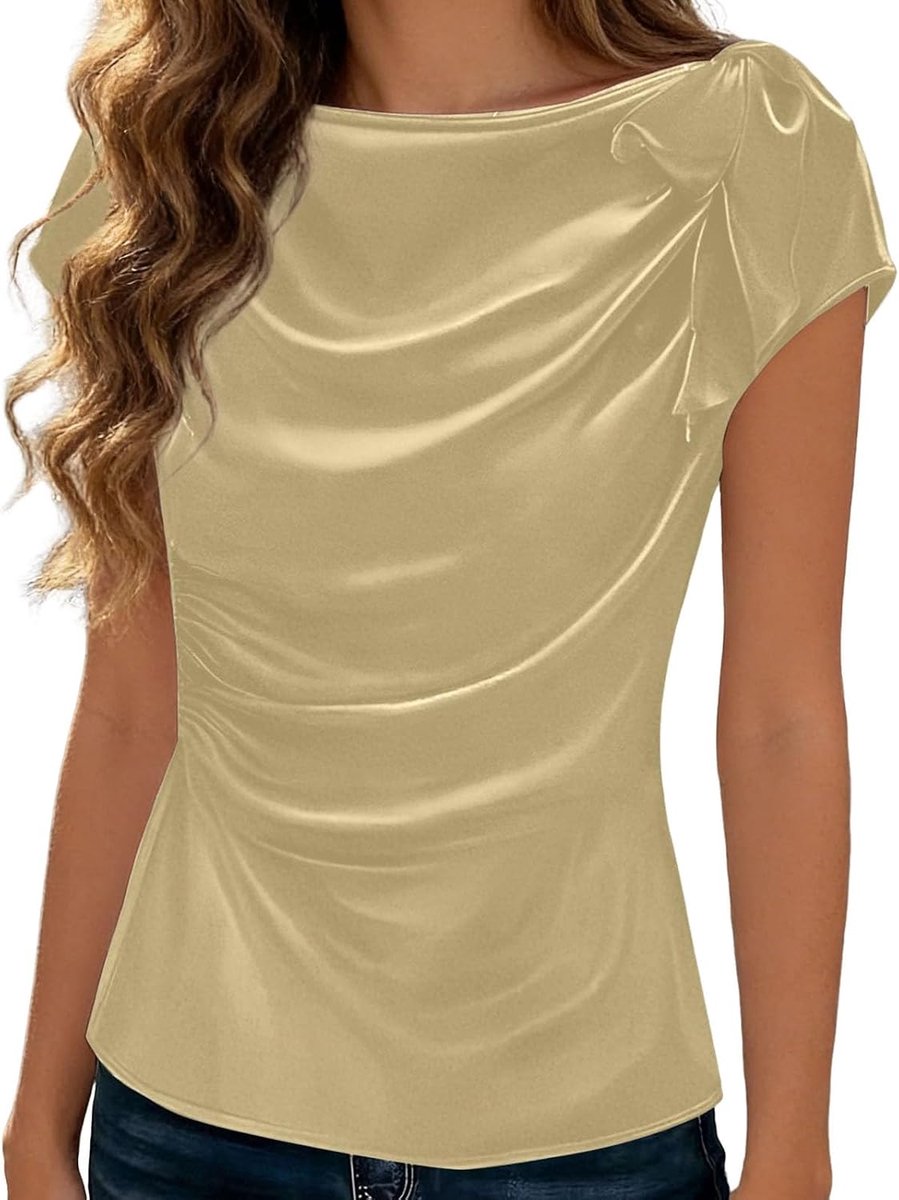 Elegante blouse van satijn, beige, korte mouwen, ruches strik, gedrapeerd aan de voorkant, grote maten, lange zomertuniek grijs