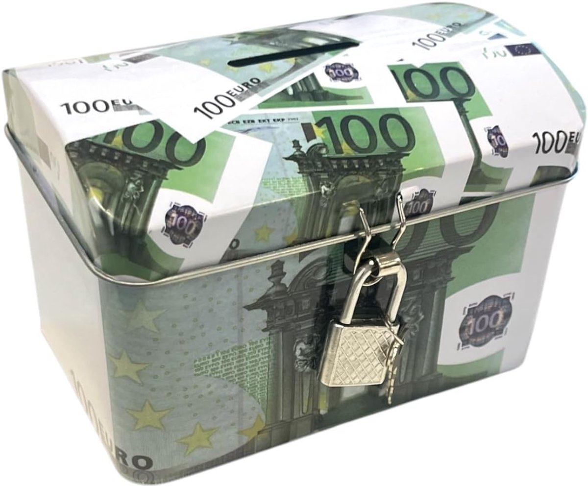 Spaarpot van metaal met hangslot, ontwerp van eurobankbiljetten, decoratieve spaarpot