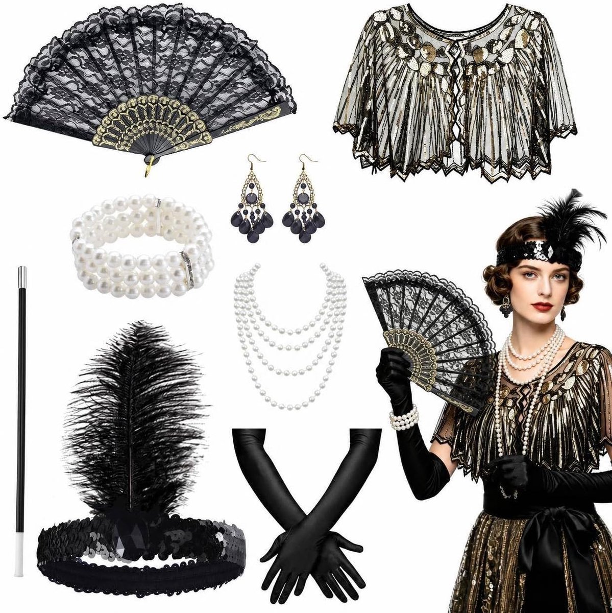 8-delige accessoires uit de jaren '20 - Great Gatsby-feestkostuum voor dames met hoofdband, handschoenen, parelketting, oorbellen, hoofddeksel voor elegant carnaval, party, eindejaarsbal
