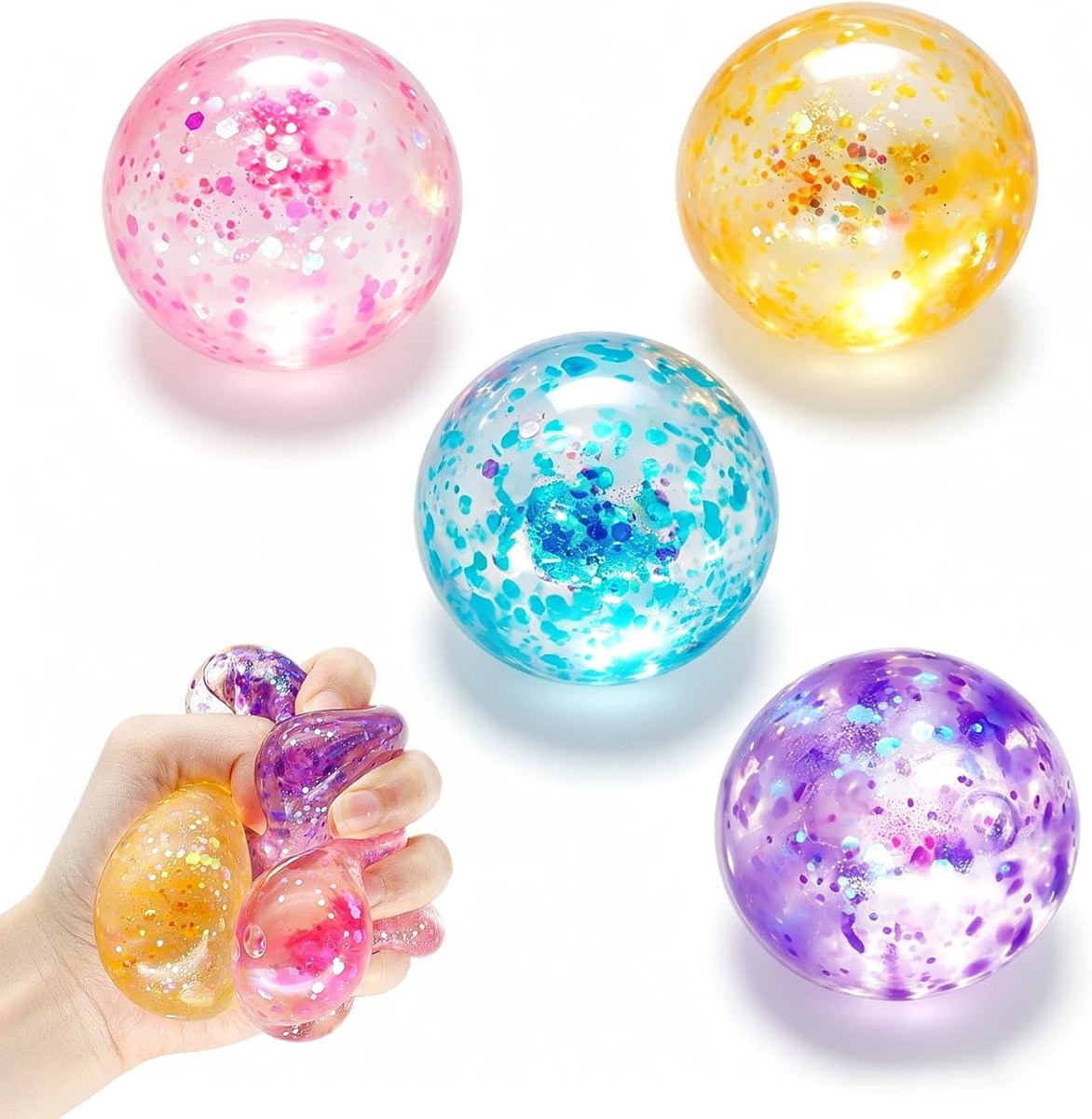 4 stuks anti-stress ballen, glinsterende knijpbal, kneedbal voor handtherapie, squishy stressverminderende ballen, antistress speelgoed ter verlichting van angst, voor ADHD, autisme