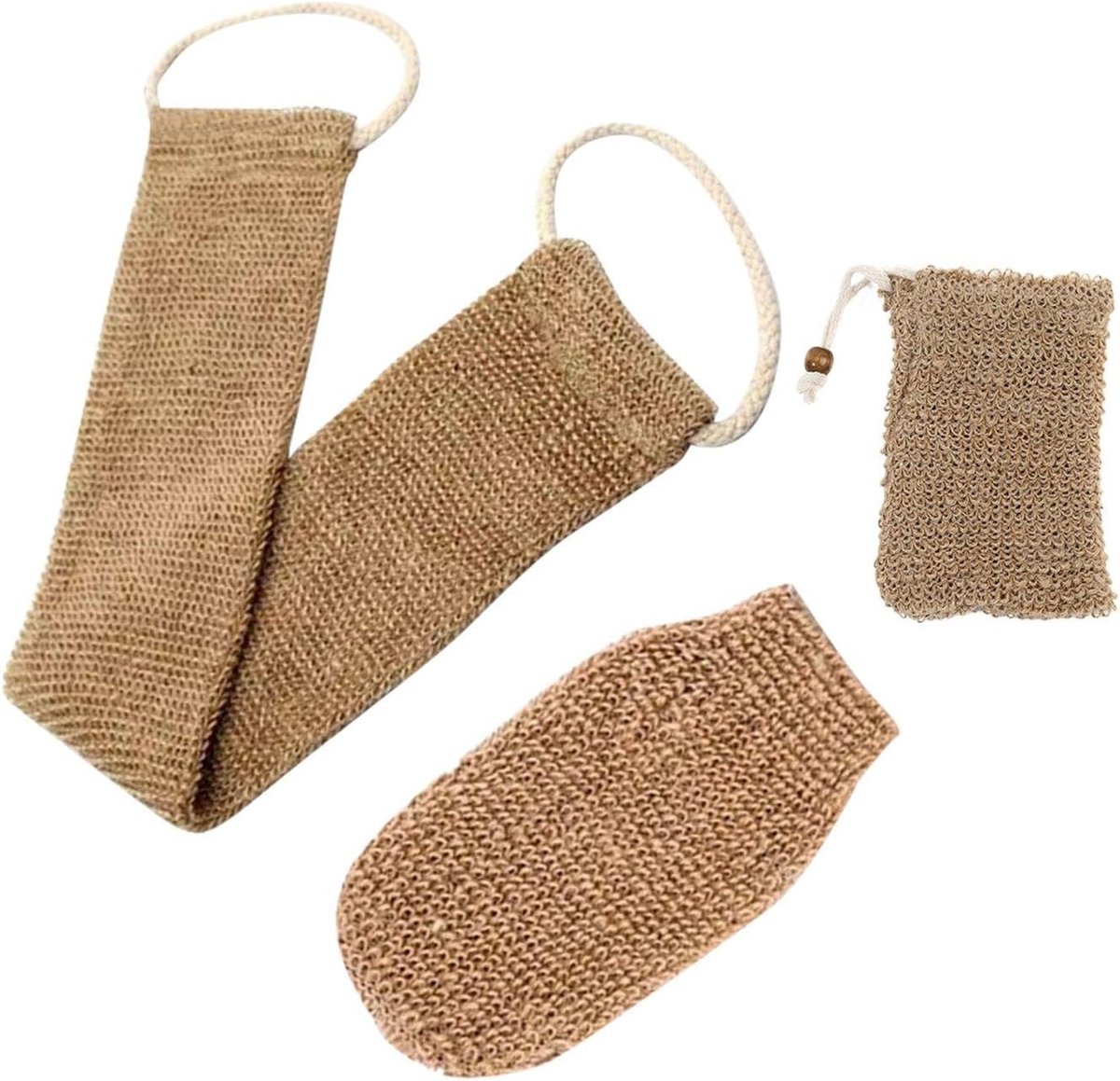 1 x jute badhanddoek met 1 x jute douchehandschoen, 1 x jute zeepzak, peeling-handschoenen, rugspons, badkameraccessoires, lichaamsborstel