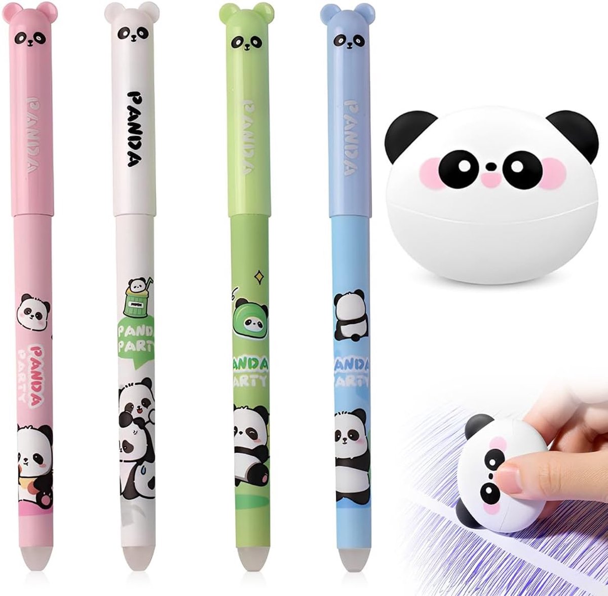 4 stuks uitwisbare pennen, Kawaii cartoon, schattige panda, uitwisbare pen met 1 gum, voor kantoor, schrijfwaren voor studenten, thermogevoelige inkt, punt 0,5 mm, inkt: blauw