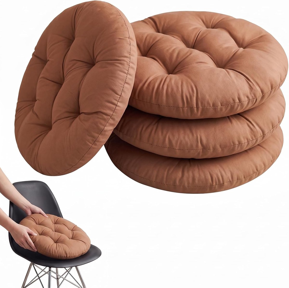 Set van 4 ronde stoelkussens, 40 cm, rond zitkussen, gevuld zitkussen, comfortabel zitkussen, stoelkussen voor binnen, buiten, keuken, tuin, eetkamer, woonkamer, studeerkamer (lichtkoffie)