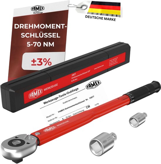 Rode FAMEX momentsleutel 3/8" met zwarte handgreep en schaalverdeling, inclusief twee doppen en een koffer. Duitse makelij.