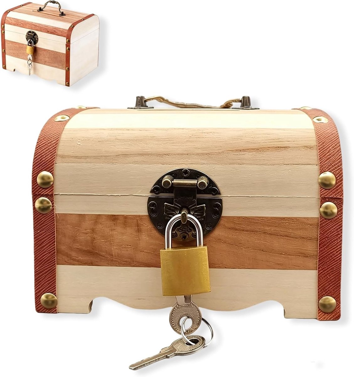 Vintage Houten Schatkist voor Opberging en Decoratie, Klein Geldkistje met Slot, 14.5 x 10 x 9.5 cm, Ideaal voor Sieraden en Verzameling