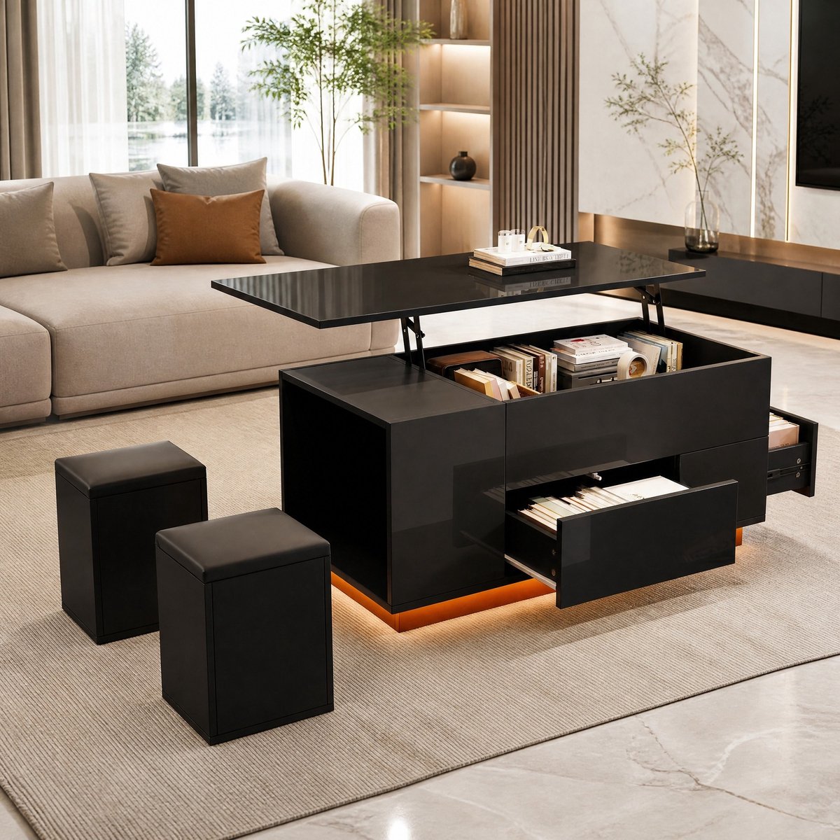 MEUNIQ Hoogteverstelbare salontafel 100 x 50 cm met LED, 2 lades, verborgen opbergruimte en 2 opbergkrukjes voor woonkamer, zwart hoogglans