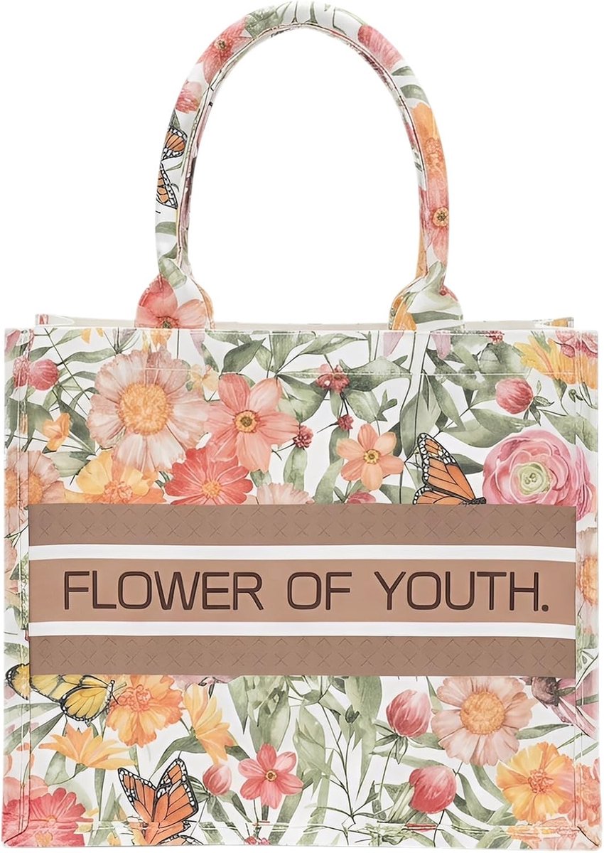 Grote Shopper van Tarpaulin met Vlinder- en Bloemenmotief, Ruime Tote Bag met Vele Vakken, Perfect voor Winkelen, Strand en Reizen, 31 x 16 x 27 cm