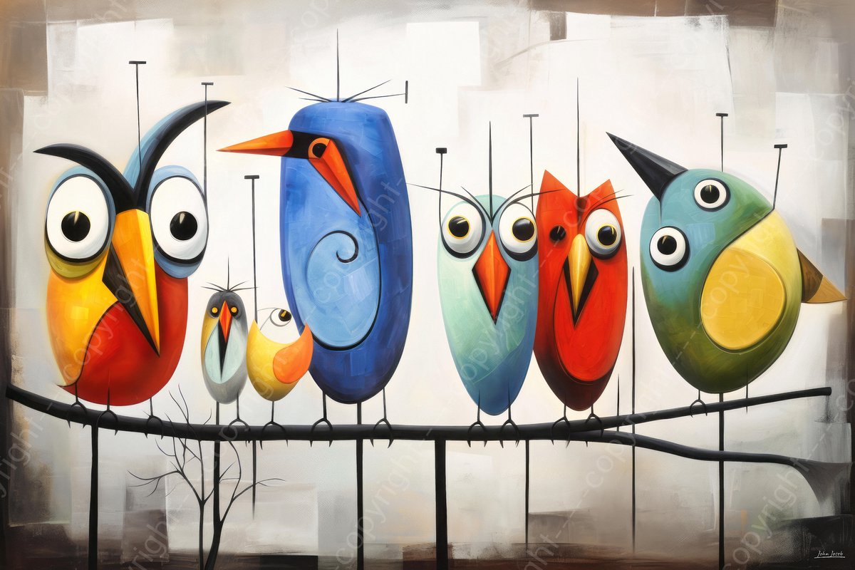 John Joseb Art (Aluminium) 120x80 | Vogels op een tak, abstract Picasso Joan Miro stijl, modern surrealisme, kleurrijk, kunst | dier, blauw, oranje, geel, groen, rood | foto-schilderij op dibond, metaal wanddecoratie