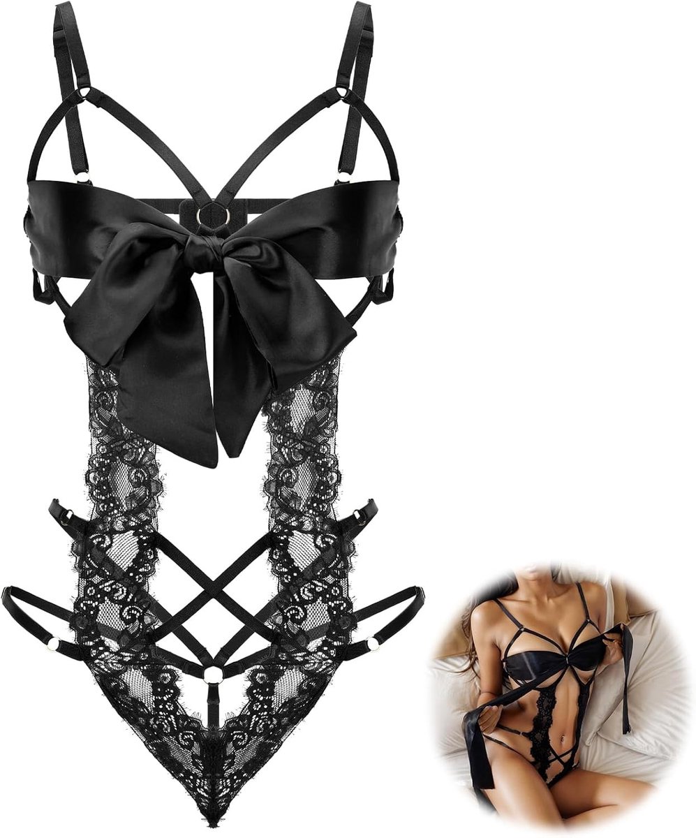 Verleidelijke kanten bodysuit voor vrouwen met grote strik, sexy lingerie en nachtkleding