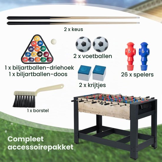 Accessoires voor de speeltafel: poolkeus, voetballen, poolballen, krijtjes, borstel en tafelvoetbaltafel.