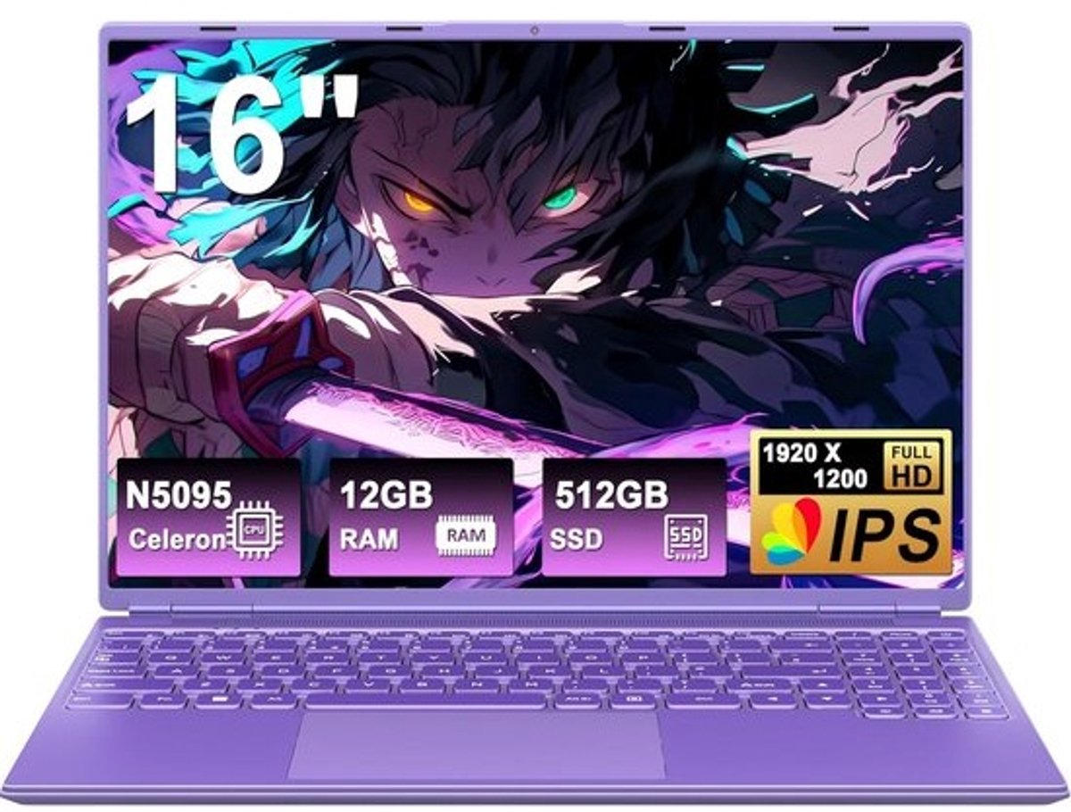 Laptop 16 inch - Notebook computer - Werk en studie - 180 graden draaibaar scherm - 512 GB opslag - Violet