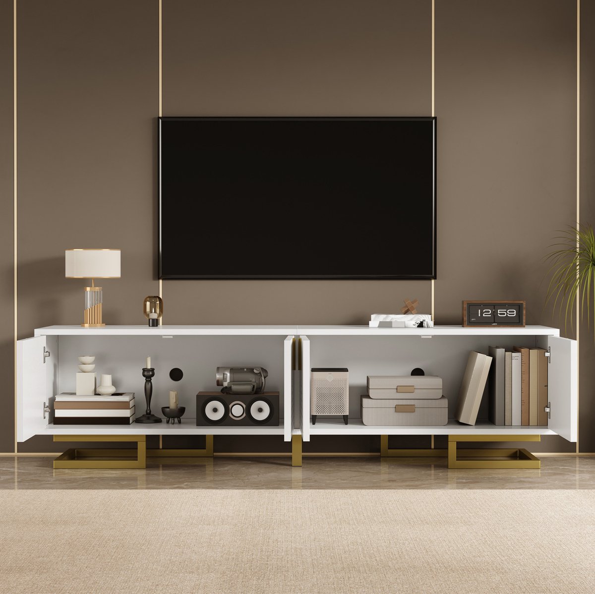 MEUNIQ TV-meubel lowboard 160 x 38 x 44,5 cm met 4 deuren, interne planken, gestructureerde witte deuren, gouden handgrepen en verstelbare metalen poten