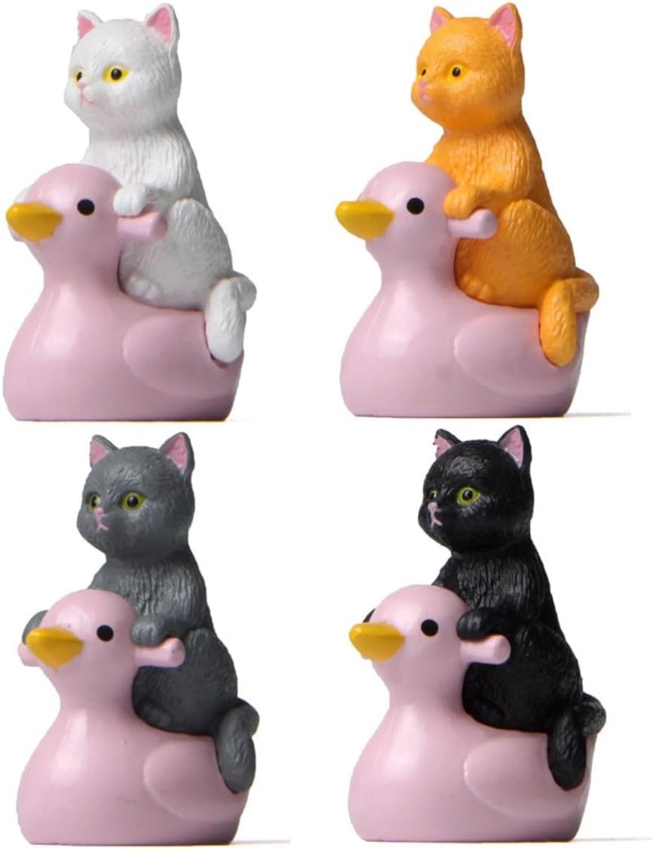 4 stuks, miniatuur kattenfiguren op eend, zittend kattenbeeld, decoratie, grappige katjes, ornamenten, tafeldecoratie, auto, computer, aquarium, kinderkamer, decoratie