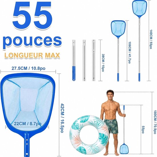 140 cm, schepnet voor zwembad, skimmer voor vijver, zwembadnet met telescopische aluminium stang, professionele reinigingsset voor zwembad, fontein, vijver, spa — afbeelding 3