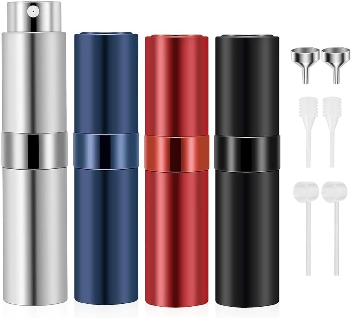 Set van 4 hervulbare mini parfumatomizers van 10ml - Draagbare aluminium flacons voor reizen, ideaal als cadeau voor mannen en vrouwen