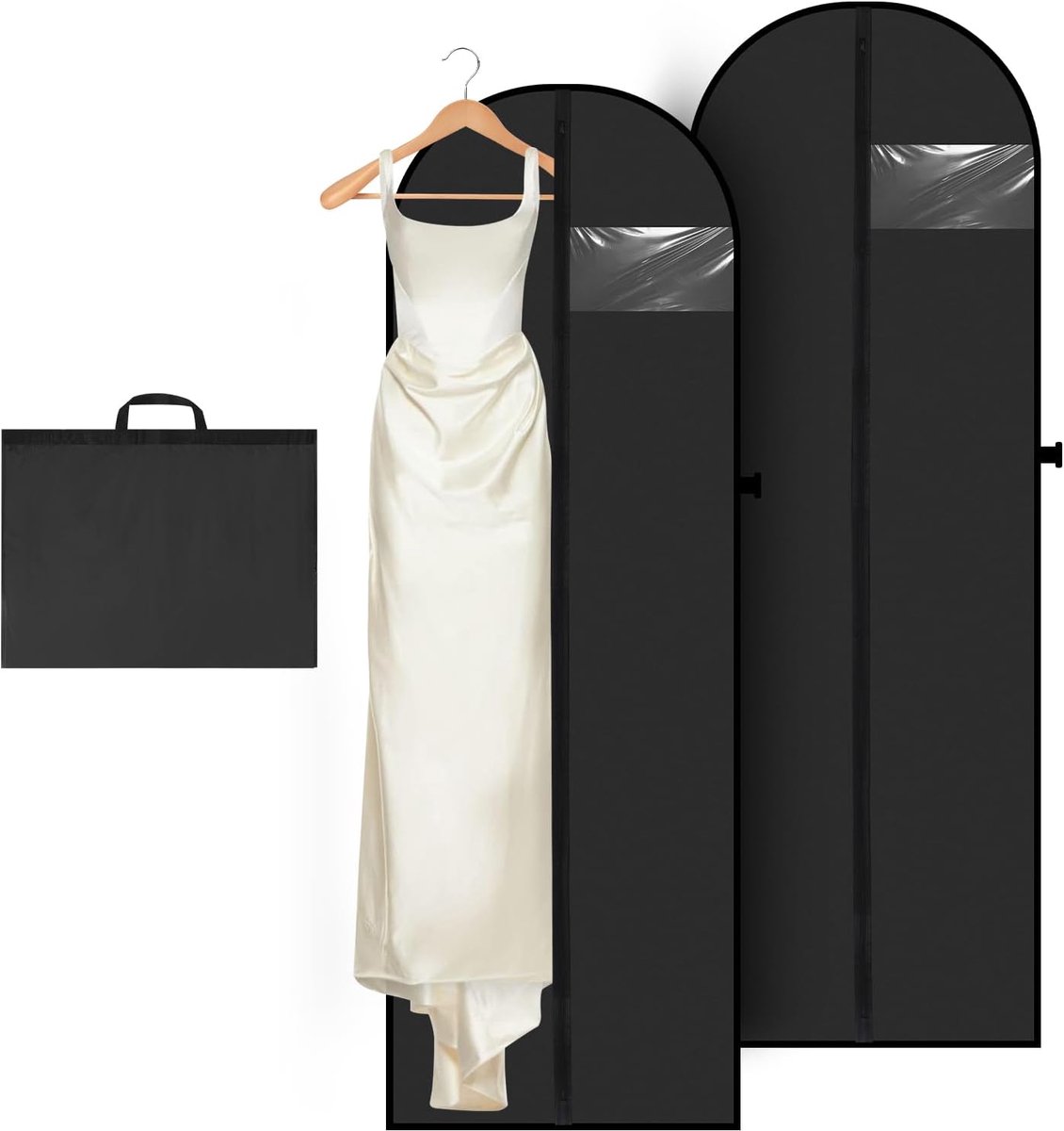 2 stuks kledingzakken, 180 x 60 cm, ademende kledingzakken, lange kledingzakken met handgrepen, paktas voor reizen, opvouwbare kledinghoes voor bruidsjurken, avondjurken, danskostuums, zwart