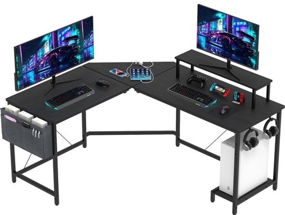 Hoekbureau voor gaming en computer met koolstofvezeloppervlak, laadstation en lange schermhouder voor slaapkamer en woonkamer (stijl 1)