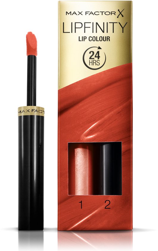 Max Factor Lipfinity Lip Colour verpakking met oranje-rode lipgloss en applicator. Twee tubes zichtbaar in venster.