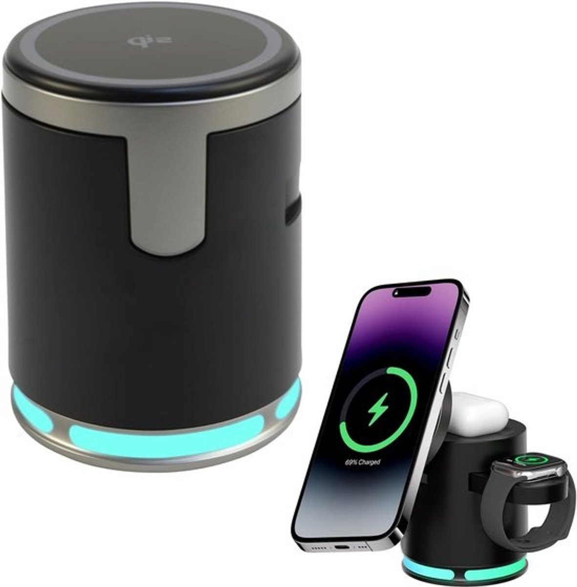 3-in-1 Magneet Draadloze Oplader met RGB Licht voor Telefoon, Horloge en Oordopjes