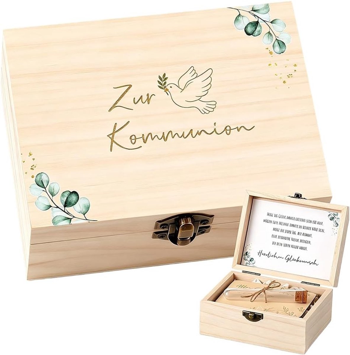 Houten geldcadeau voor communie en vormsel, unieke geschenkdoos voor jongens en meisjes met eucalyptus en levensboom, perfect voor speciale gelegenheden
