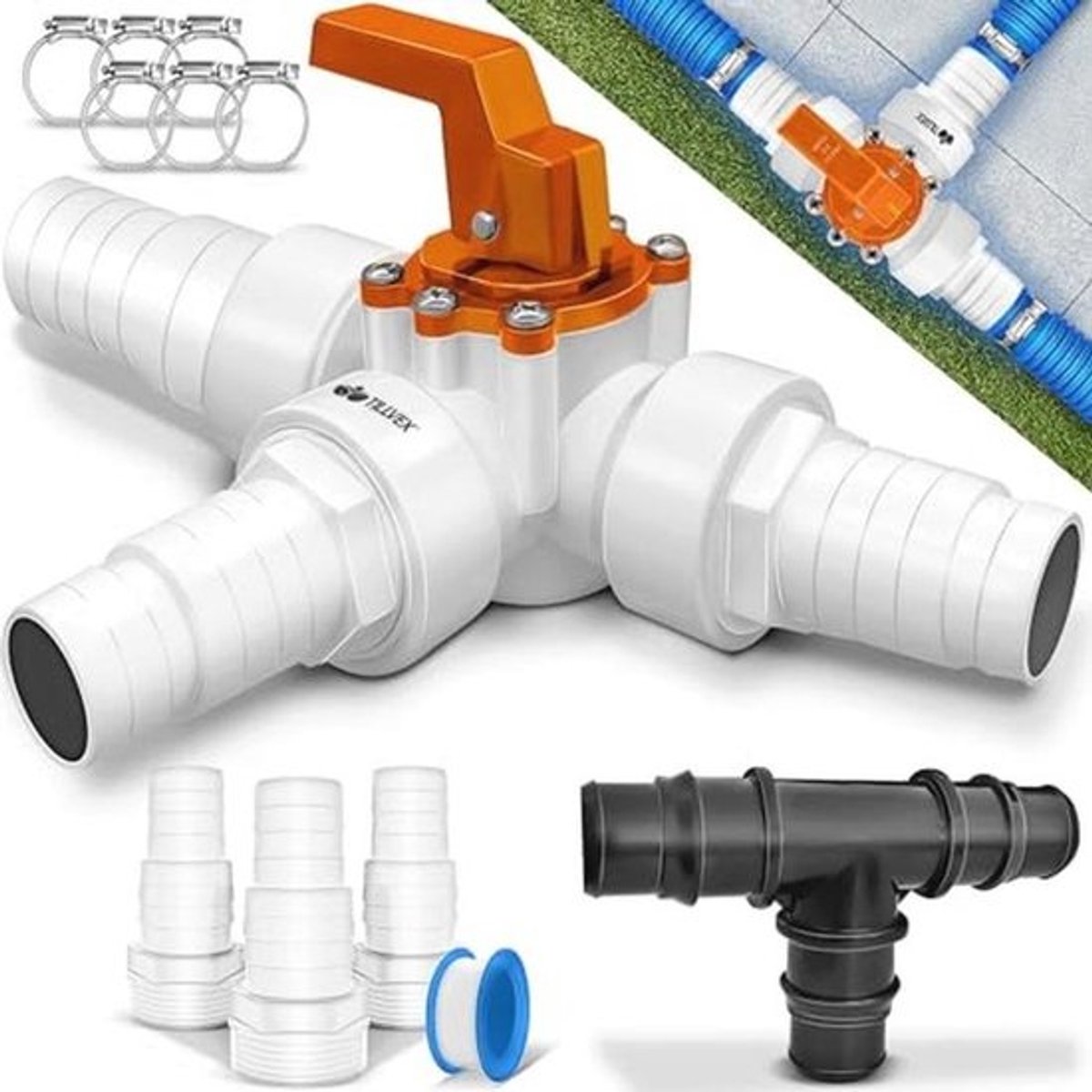 tillvex® Bypass Set Zwembad 12-delig - Ø 32/38 mm, 3-wegventiel en ABS-adapter, met 6 x roestvrijstalen slangklemmen en 8 m isolatietape | voor zandfiltersystemen, warmtepompen & zwembadverwarming