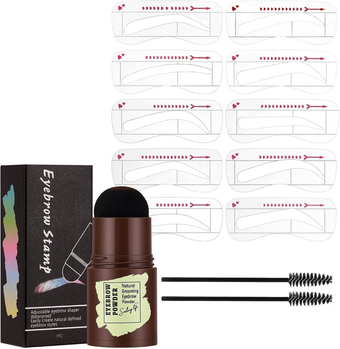 Complete Set van 13 Stuks voor Perfecte Wenkbrauwen, Inclusief Brow Stamp en Poeder in Donkerbruin