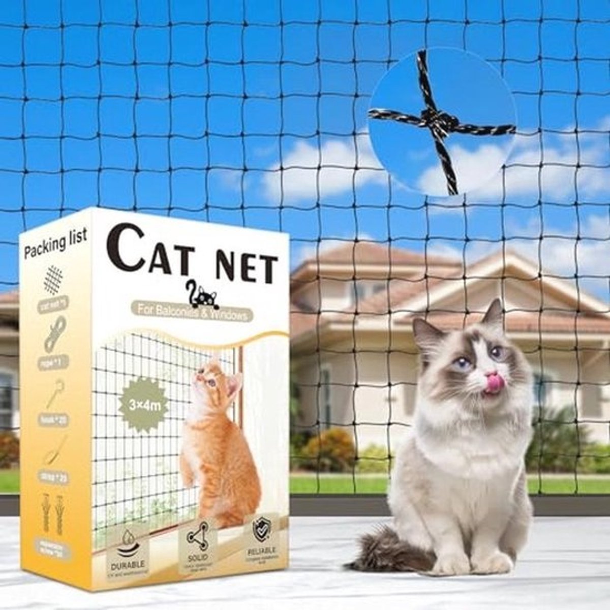 Kattennet voor balkon 3 x 4 m, versterkt met bevestigingskoord, weerbestendig en UV-bestendig