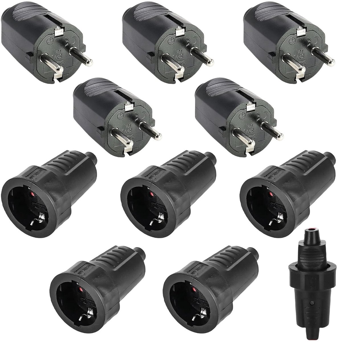 5 paar Schuko stekker koppelingen: 250 V 16 A IP54 rubberen geaarde koppeling set, waterdichte buitenplug, 2-polig en veilig voor buitengebruik
